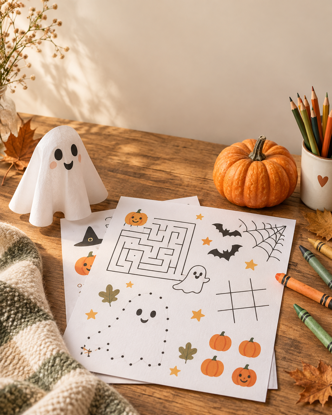 Printable Halloween activity sheets for kids with seasonal crafts and autumn details.