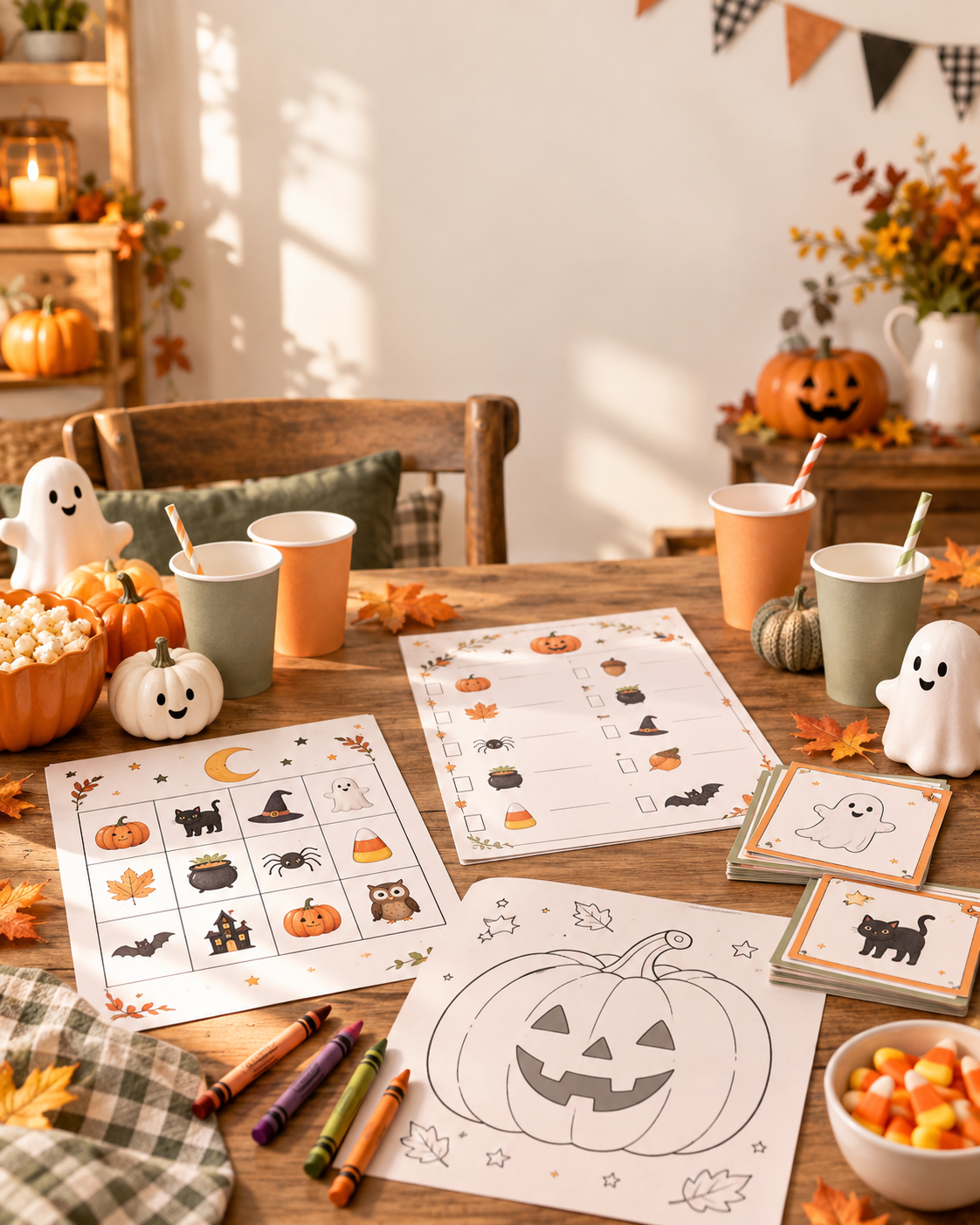 Printable Halloween party games for kids with bingo, scavenger-hunt and activity sheets.