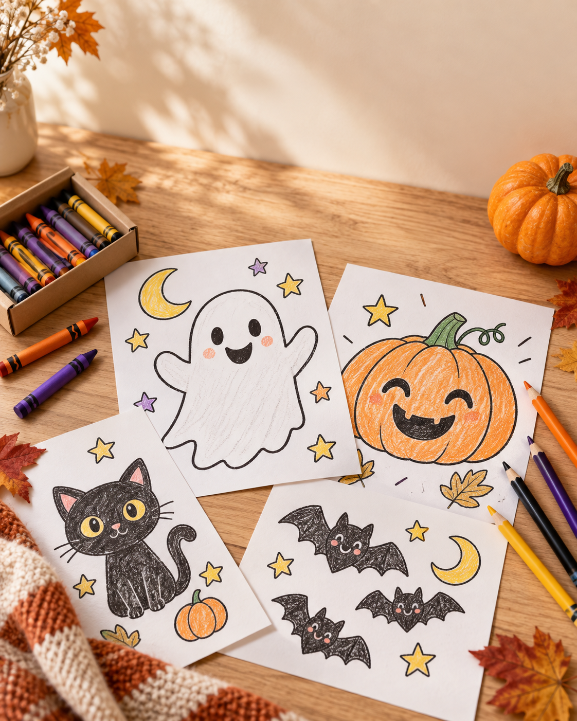 Halloween coloring pages for kids with a friendly ghost, pumpkin, black cat, bats and crayons.