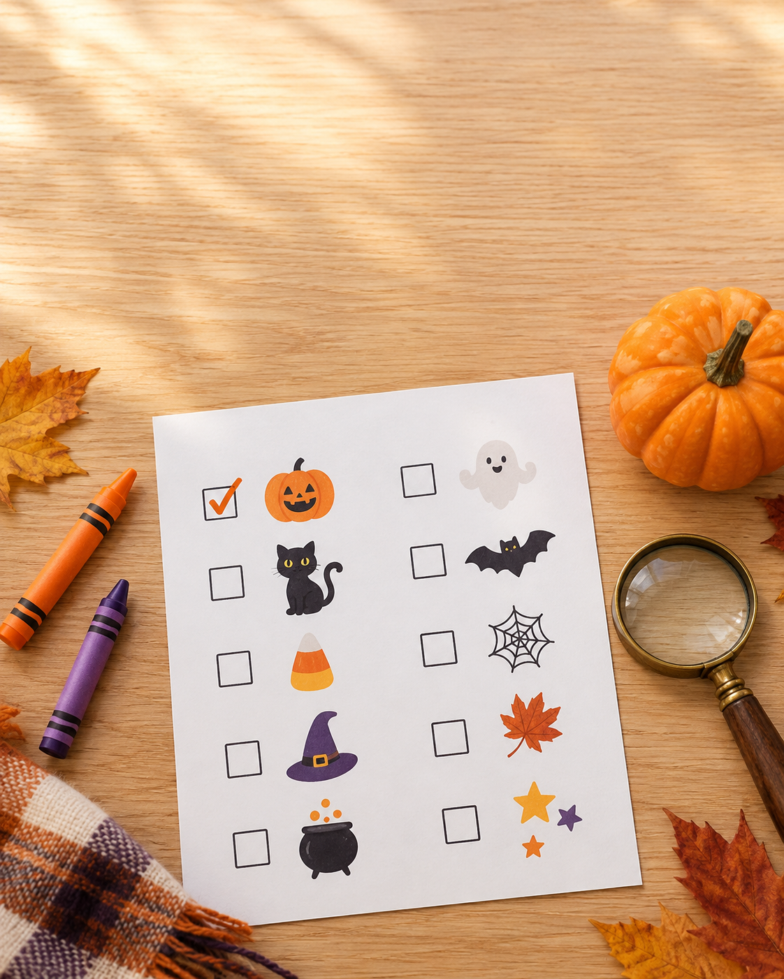 Printable Halloween scavenger hunt checklist for kids with a pumpkin, crayons and magnifying glass.