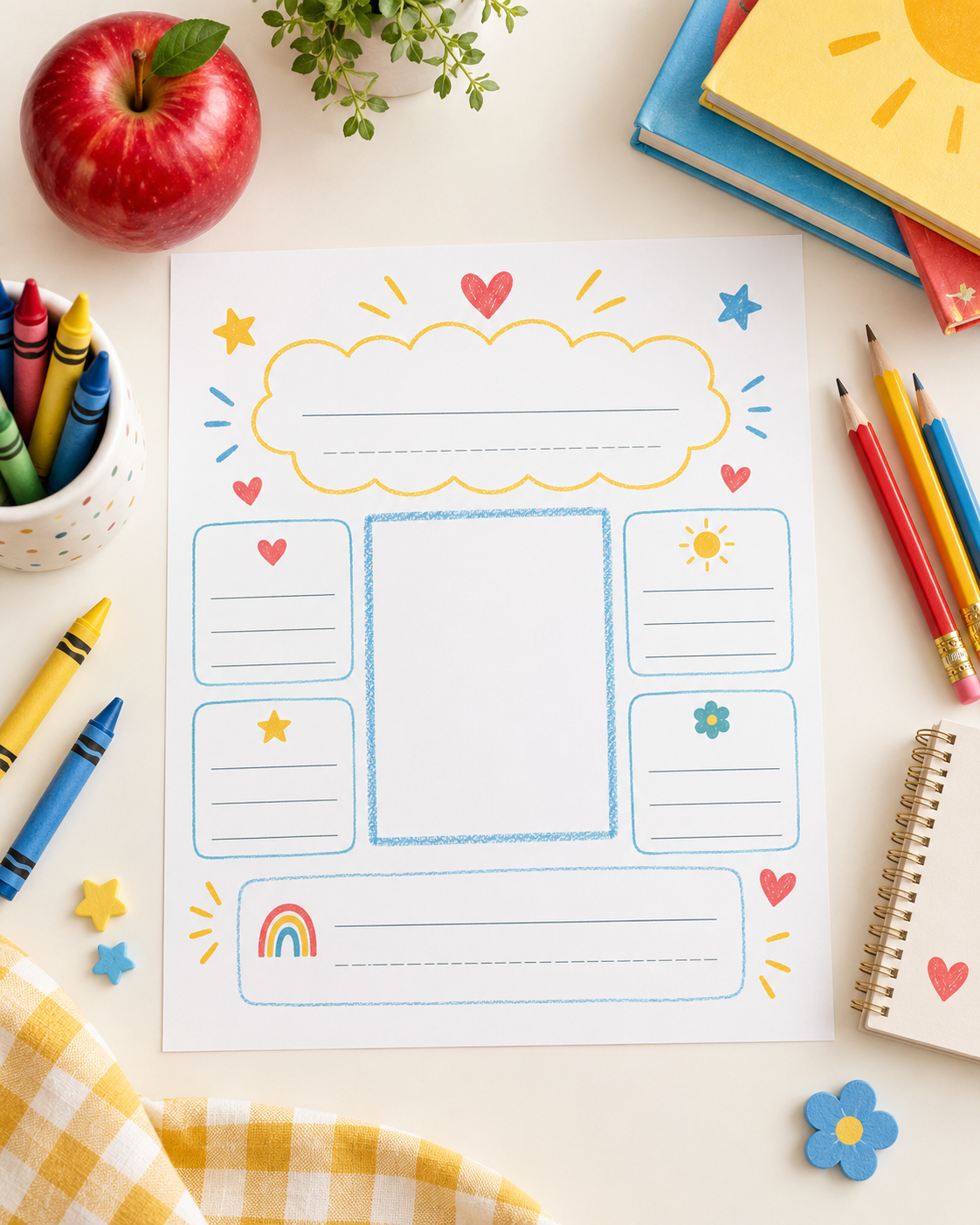 All About My Teacher printable worksheet with colorful classroom stationery