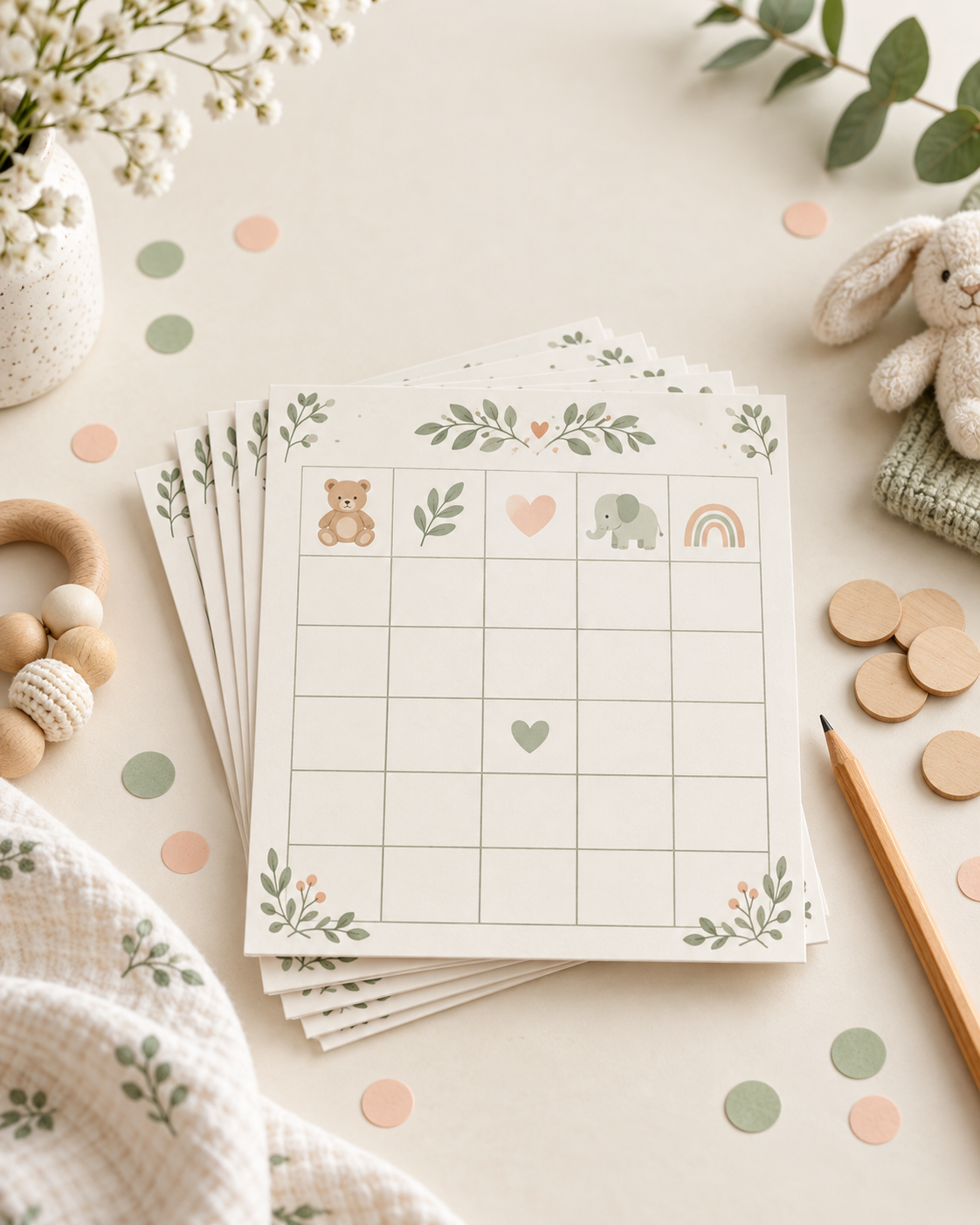Neutral baby shower bingo cards with wooden markers and soft botanical details.