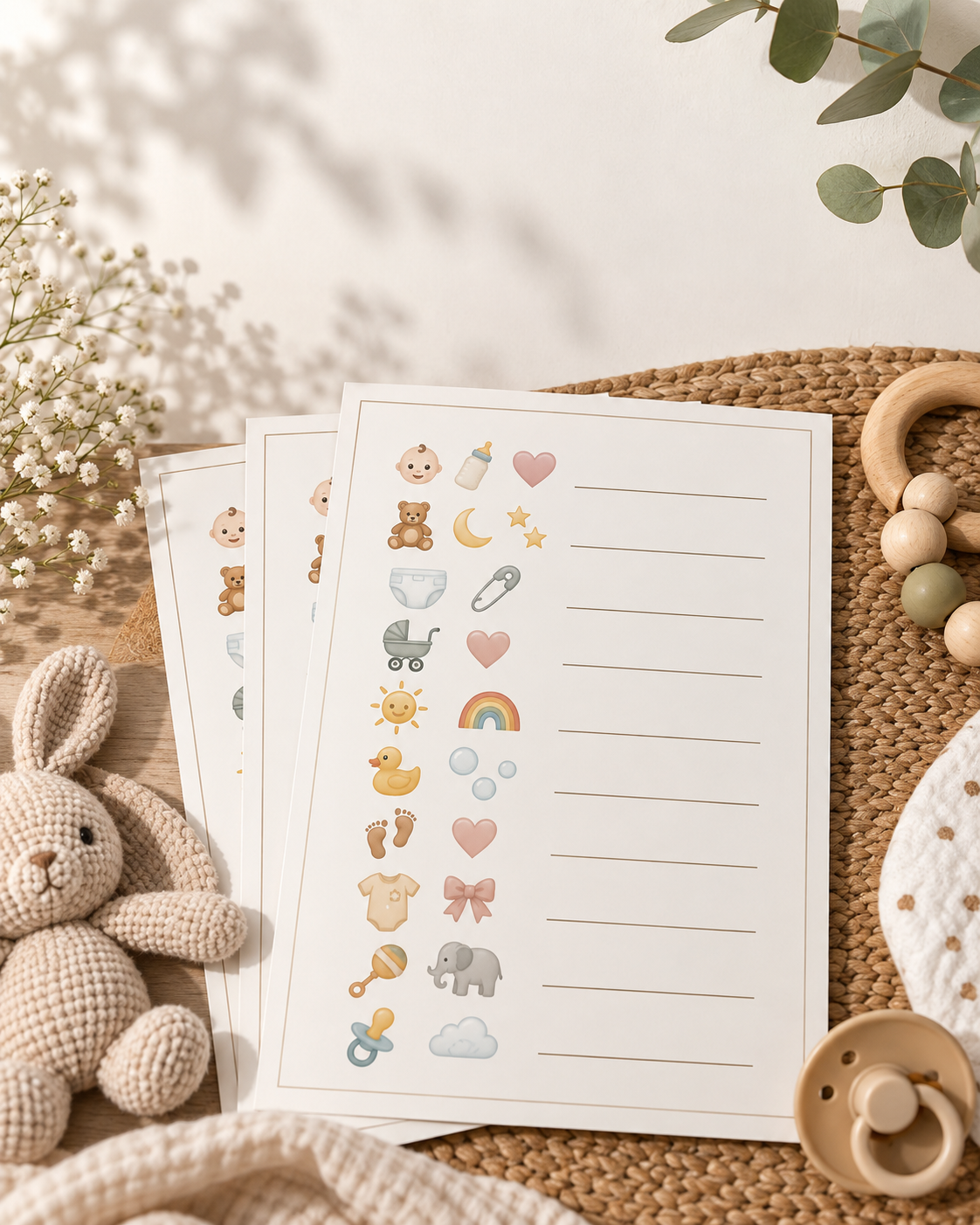 Printable baby shower emoji game sheet with emoji clues and an answer column