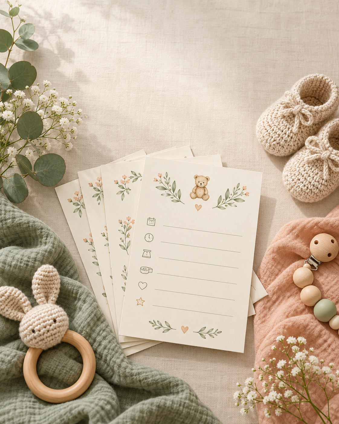 Printable baby shower prediction cards with birth date and weight guesses, beside a pen