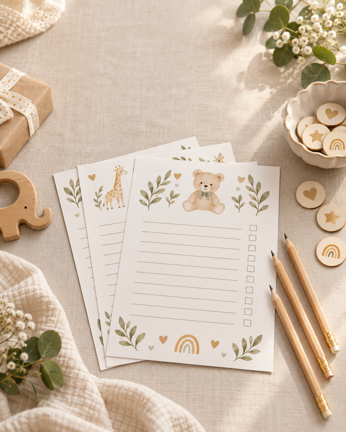 Printable baby shower trivia question cards laid out on a table with pens