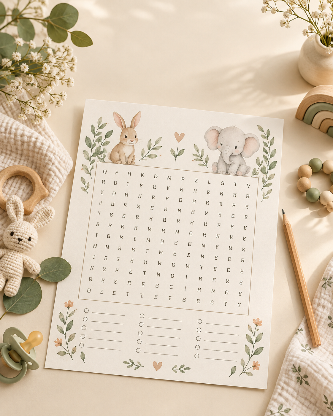 Neutral baby shower word search game with soft botanical baby decor.