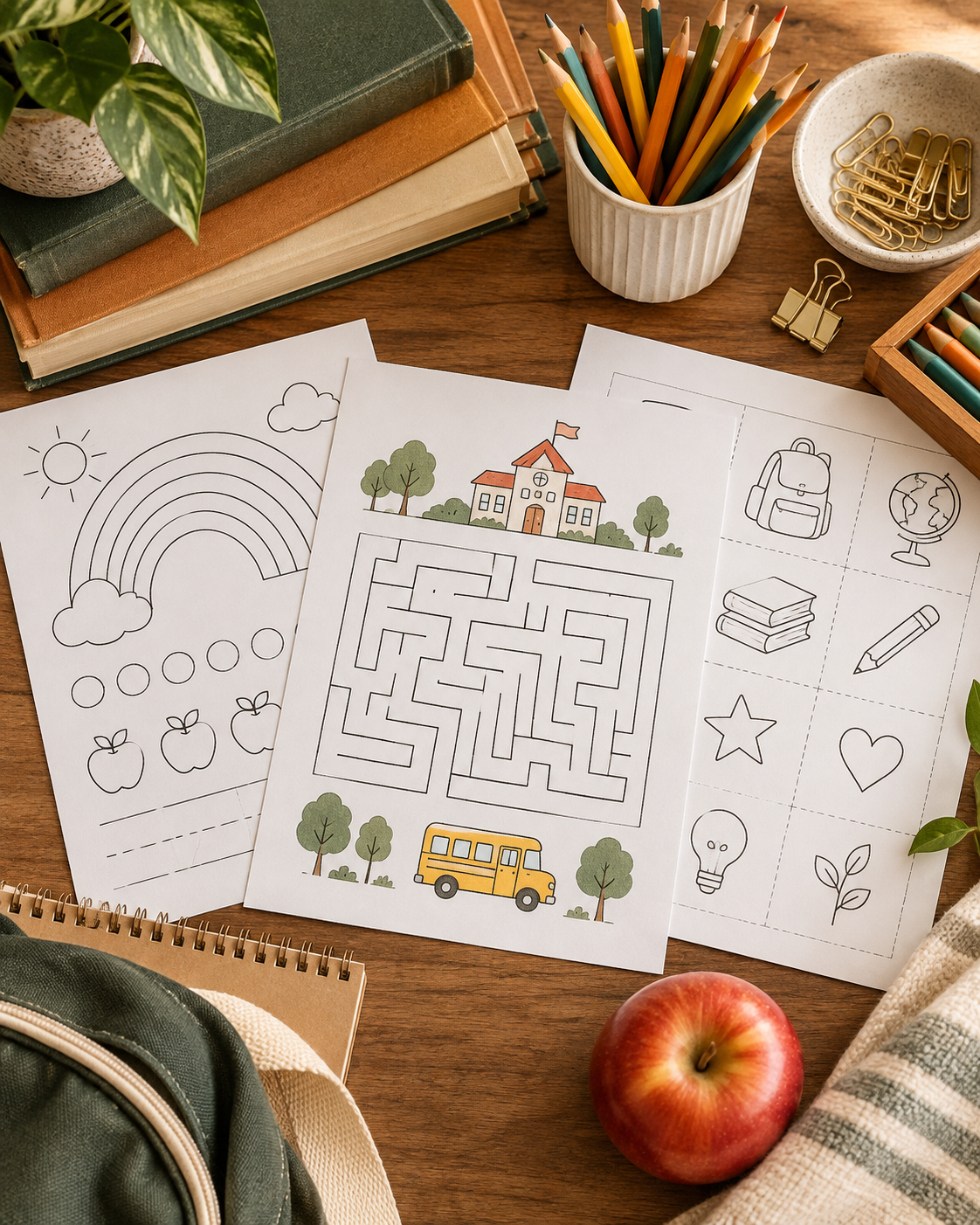 Back to school printable activity sheets spread out with pencils and crayons
