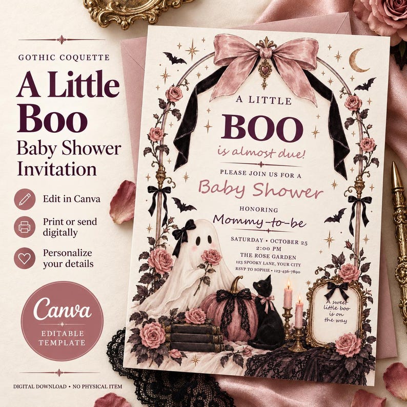 Blush pumpkin fall baby shower invitation, editable Canva template
