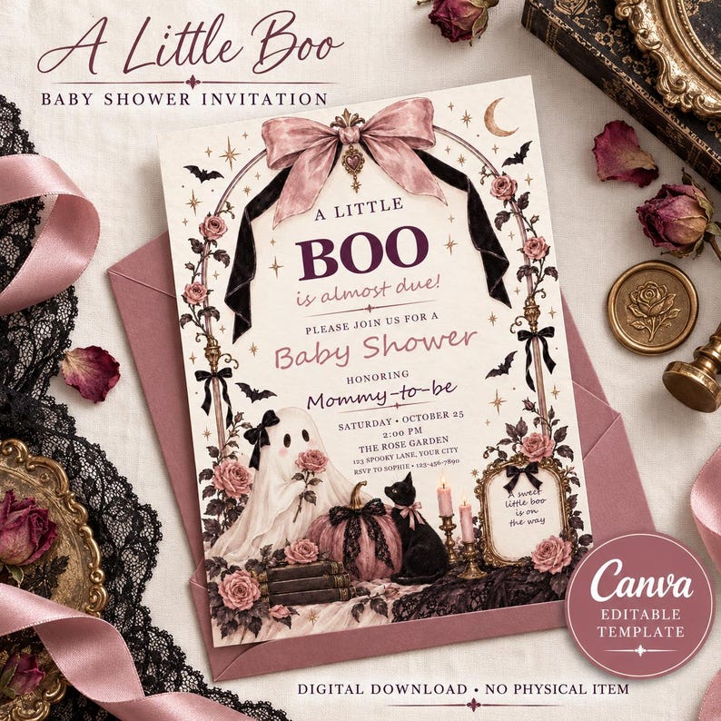 Pumpkin baby shower invitation printed and styled on a table