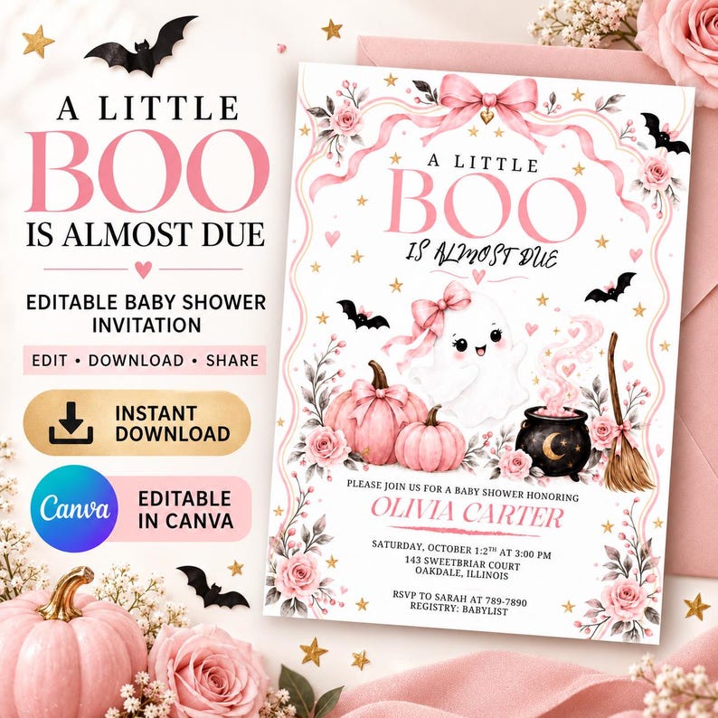Boho Halloween baby shower invitation with neutral pumpkin design