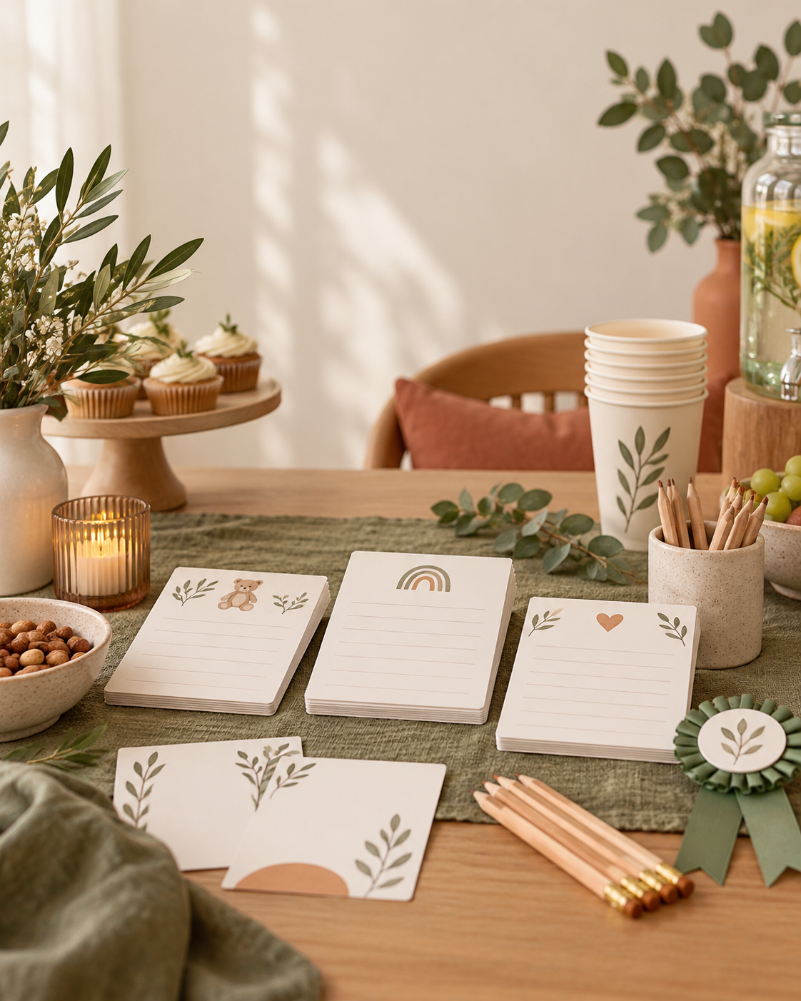 Neutral co-ed baby shower game cards on a warm party table.
