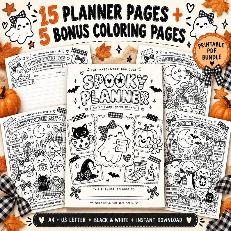 Cute spooky planner printable with friendly Halloween illustrations