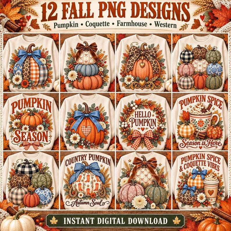 12 fall pumpkin PNG bundle in coquette, farmhouse and western styles