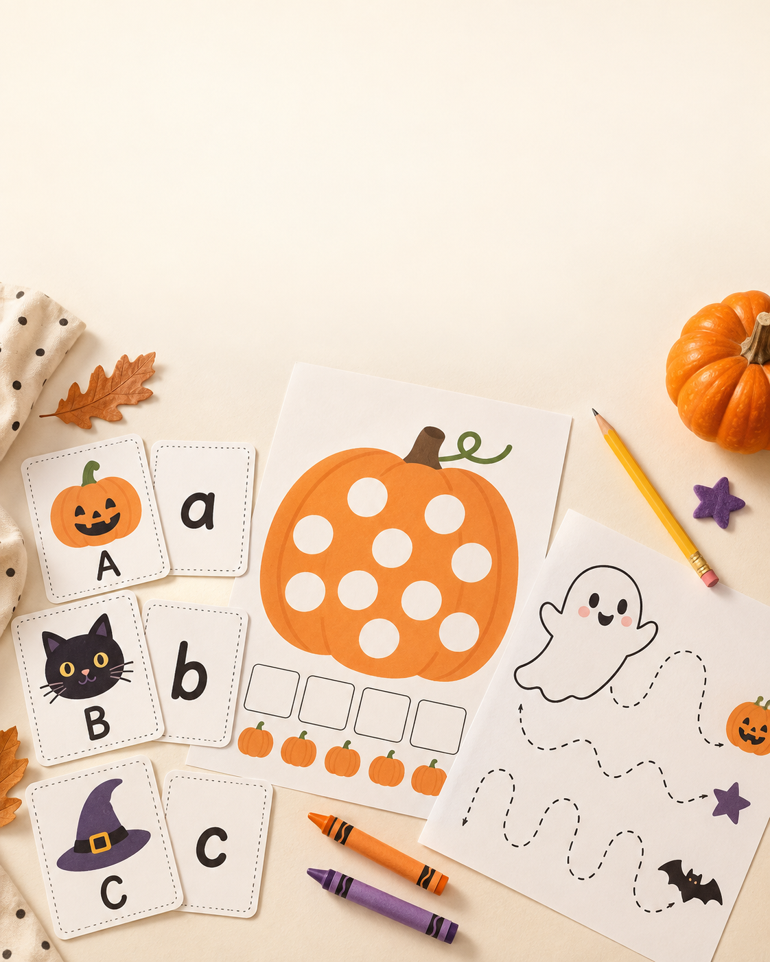 Kindergarten Halloween printable activities with pumpkin counting, letter matching and friendly ghost paths.
