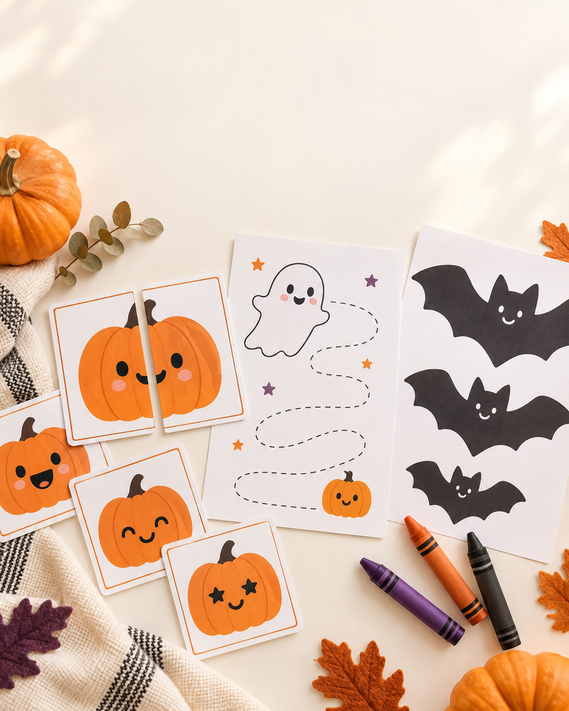 Preschool Halloween printable sheets with simple pumpkin, ghost and bat activities.