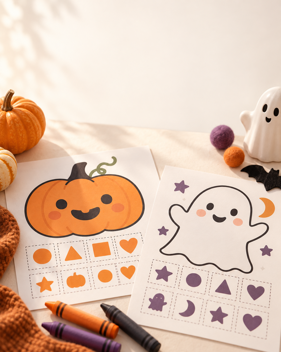 Toddler Halloween printable activities with large friendly pumpkin and ghost matching shapes.