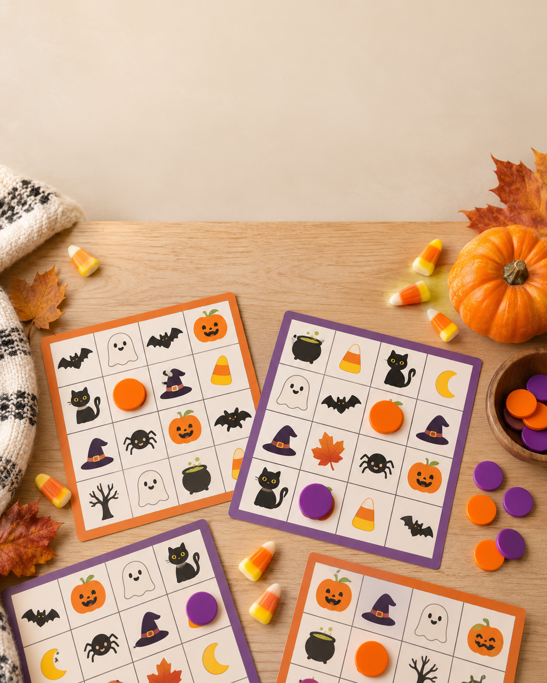 Halloween bingo cards for kids with friendly ghosts, pumpkins, bats and colourful game markers.