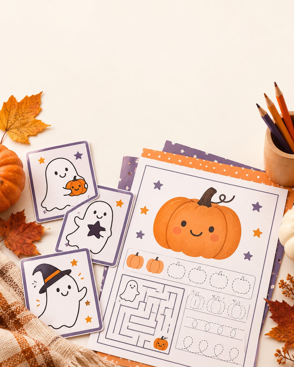 Halloween classroom printable activity pack with friendly ghost and pumpkin pages.