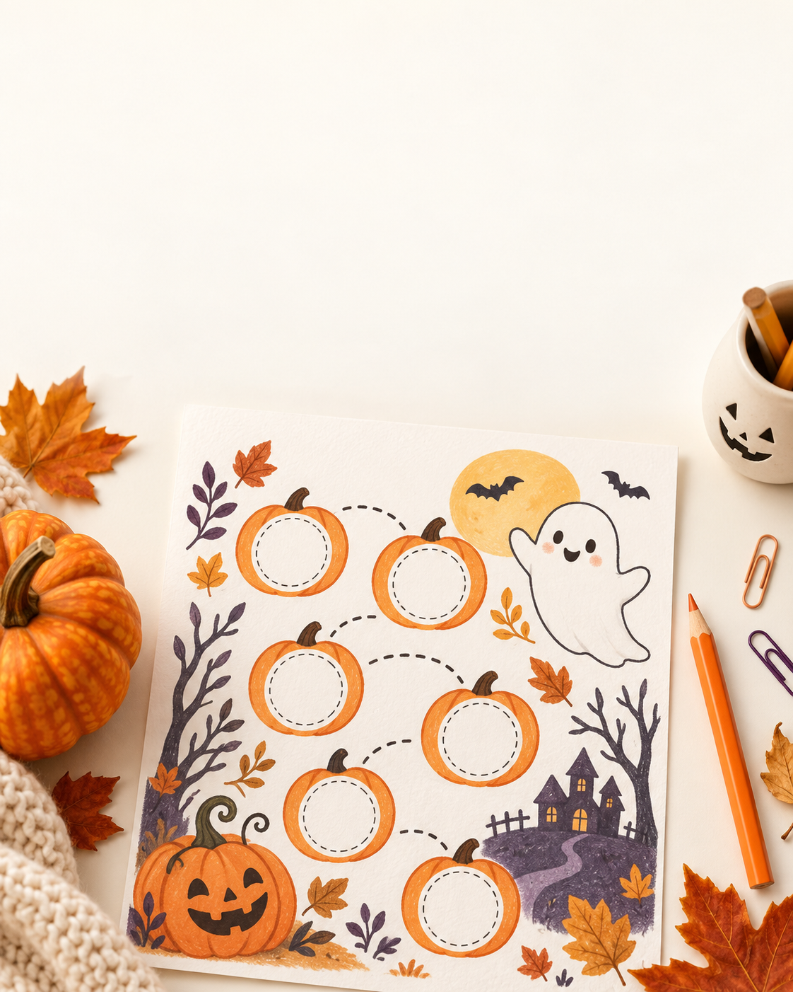Halloween countdown printable with friendly pumpkin, ghost and autumn leaves.