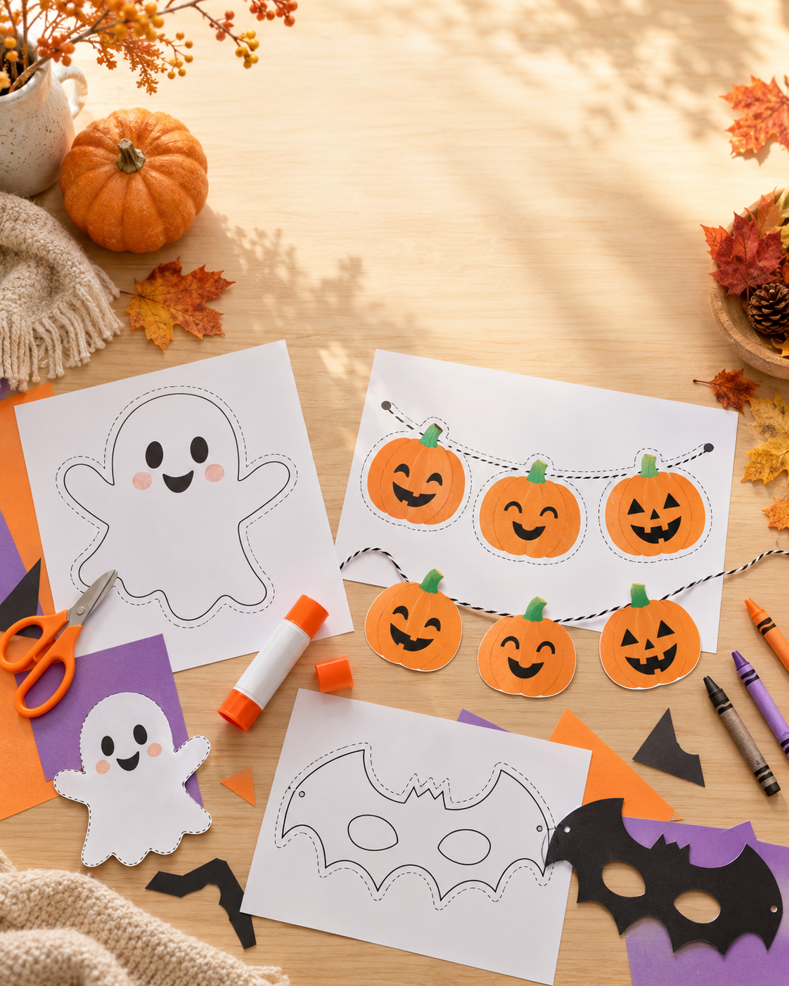 Printable Halloween crafts for kids with a friendly ghost cutout, pumpkin garland and bat mask.