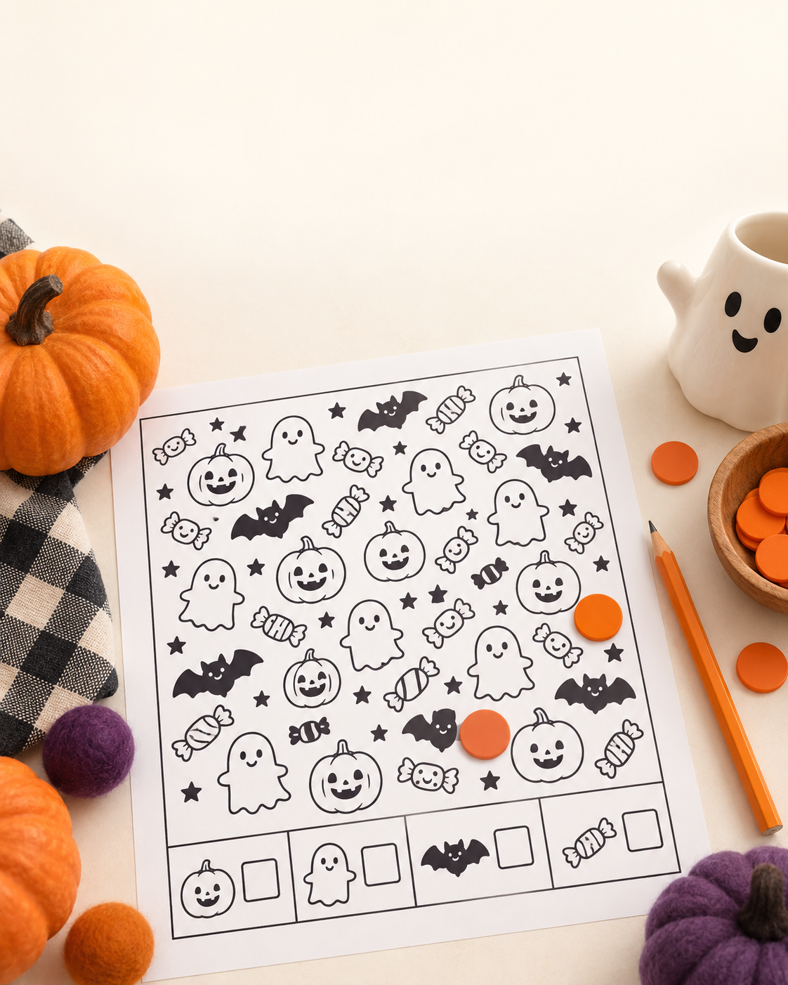 Halloween I Spy printable with friendly pumpkin, ghost, bat and counting counters.
