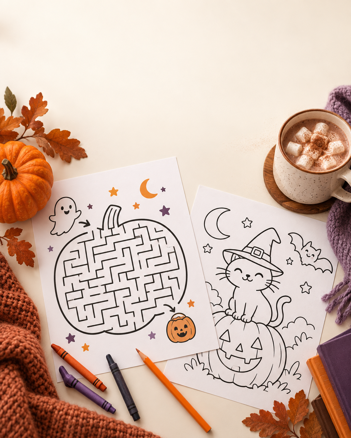 Halloween printable indoor activities with a maze, coloring page, pencils and cozy cocoa.