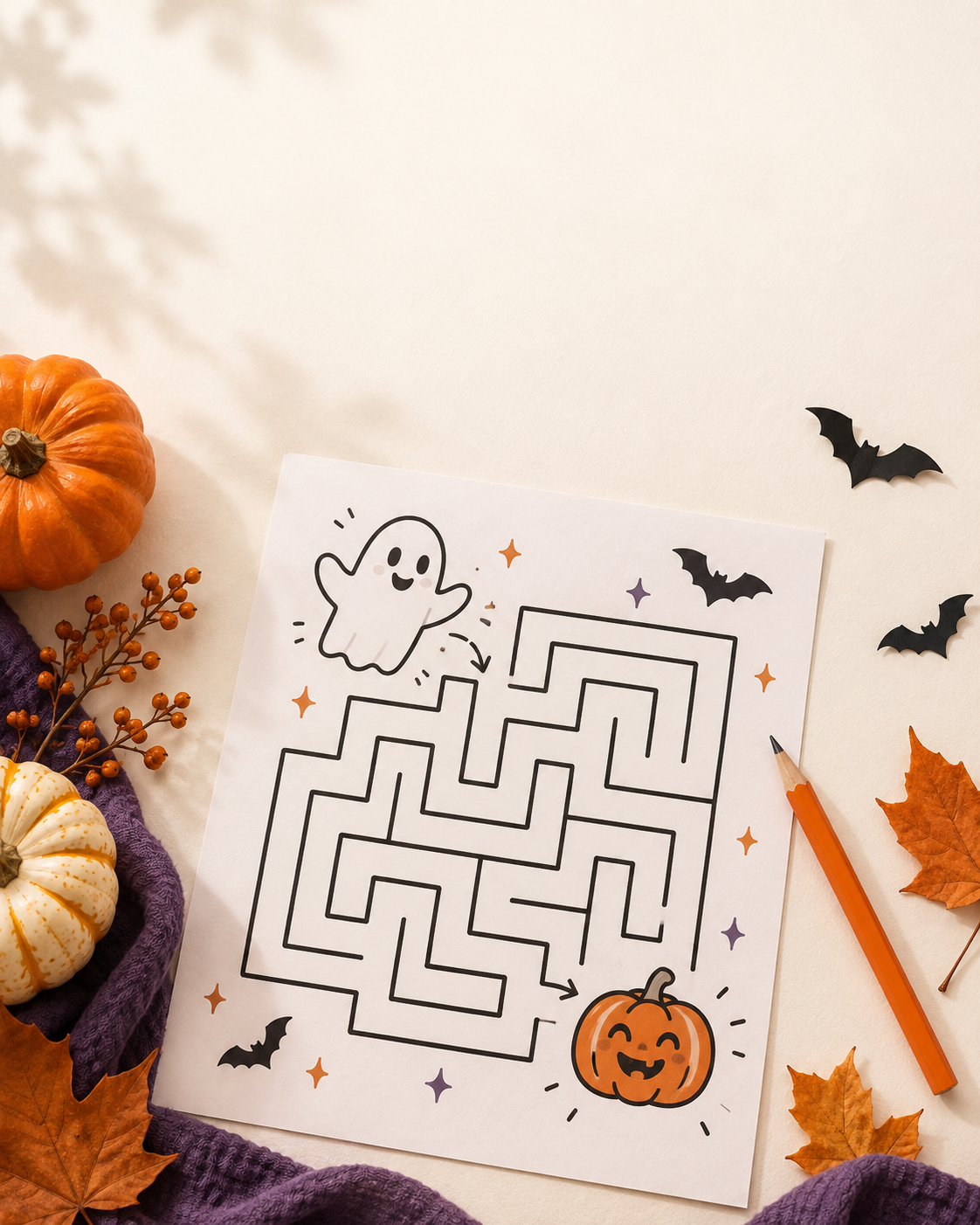 Printable Halloween maze for kids with a friendly ghost, pumpkin path and orange pencil.