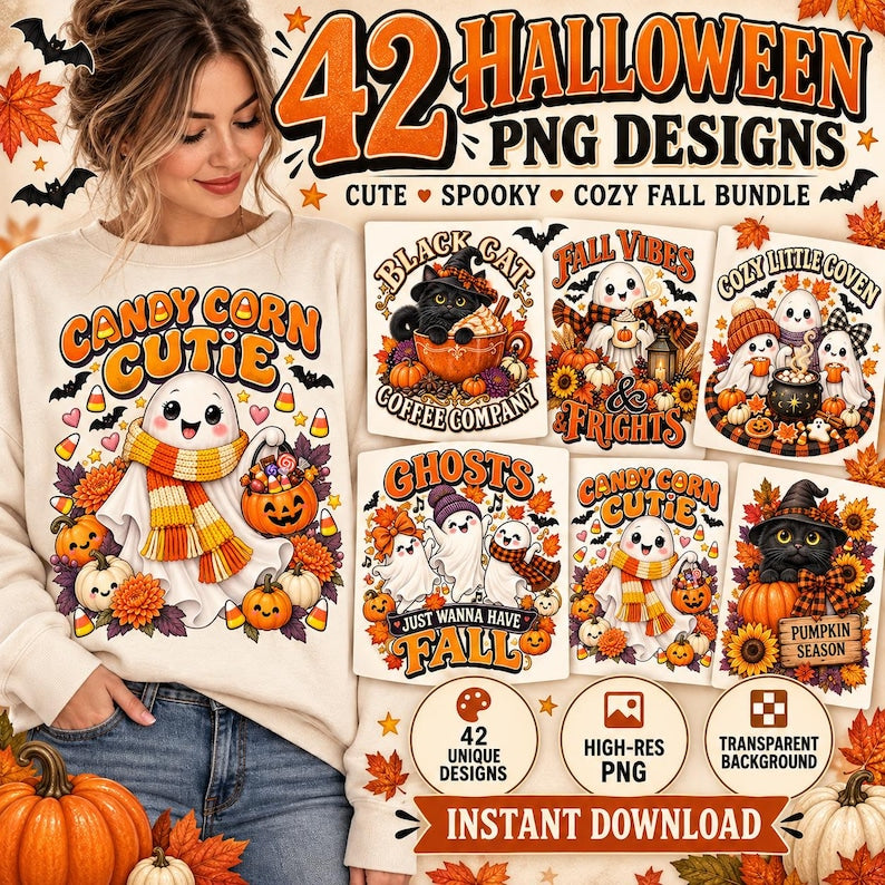 42 Halloween PNG bundle with ghosts, pumpkins and spooky fall designs
