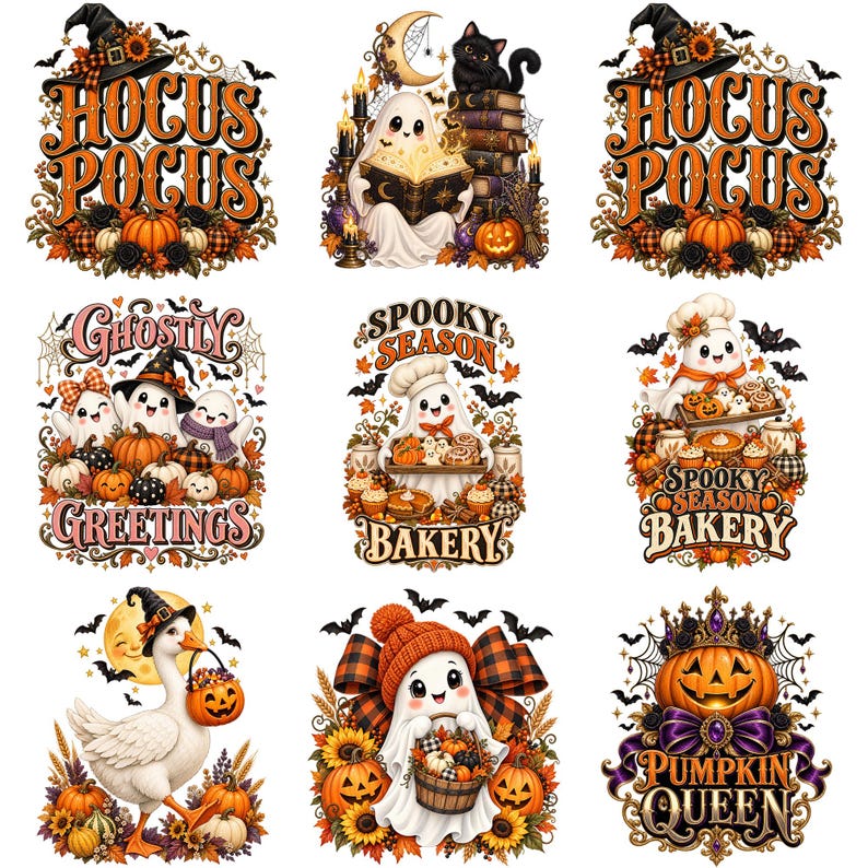 Halloween PNG clipart designs shown on a transparent background grid