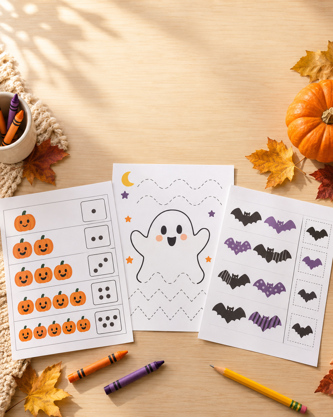 Halloween worksheets for kids with pumpkin counting, friendly ghost tracing and bat pattern activities.