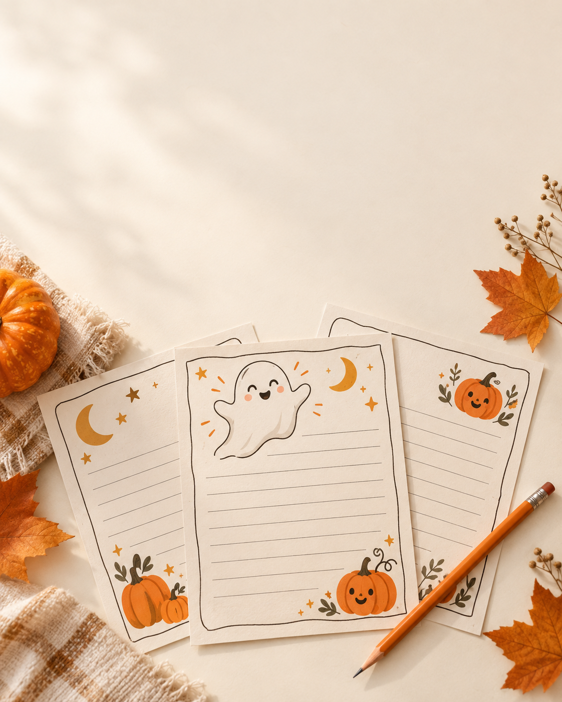 Halloween writing prompt sheets with a friendly ghost, pumpkin and orange pencil.