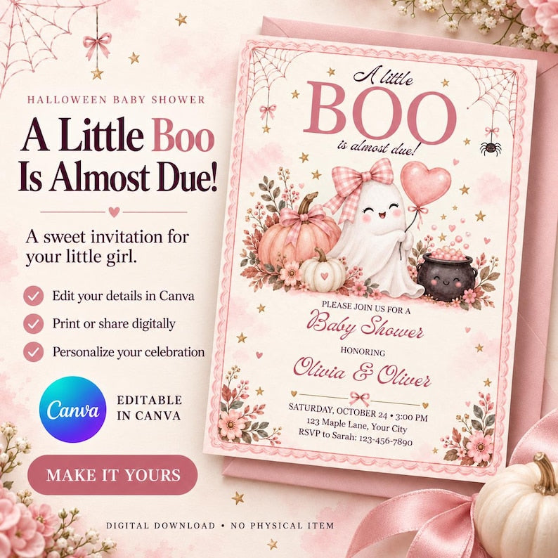 Little Boo Halloween baby shower invitation with a cute ghost