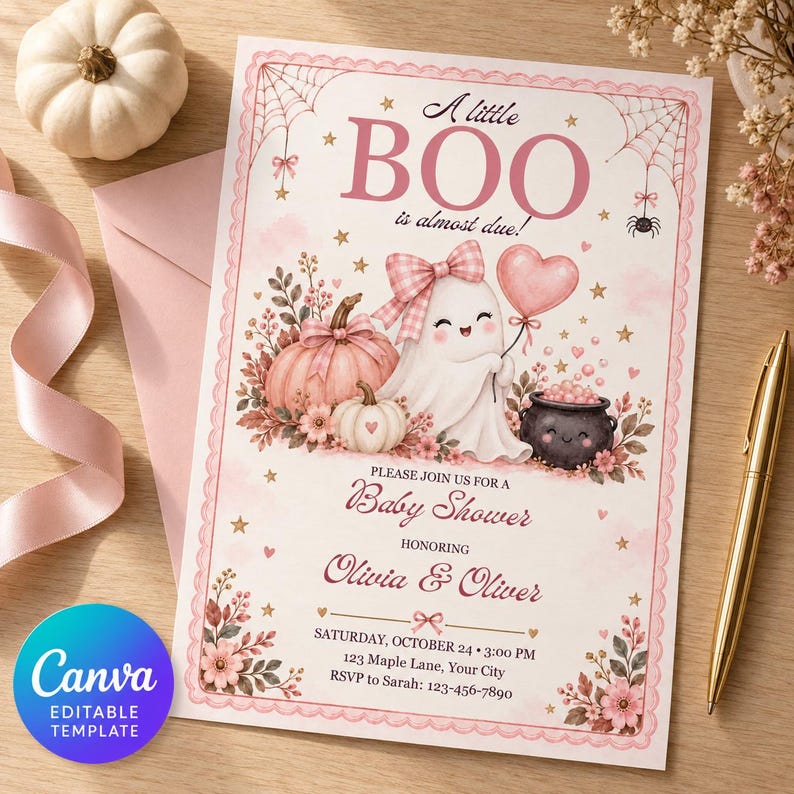 Little Boo baby shower invitation shown printed for a party
