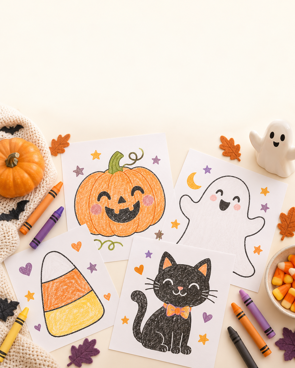 Non-scary Halloween printable activity sheets with friendly pumpkin, ghost and black cat.