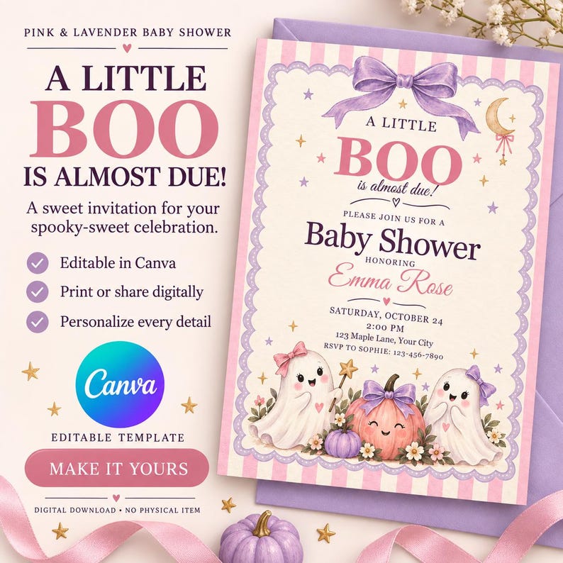 Pink ghost Halloween baby shower invitation, editable Canva template