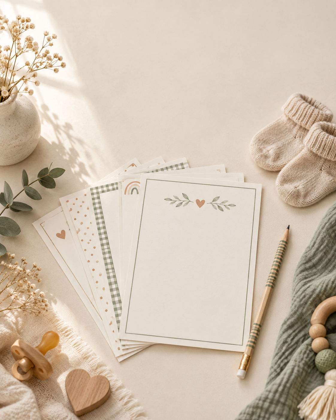 Neutral baby shower game cards with baby socks and botanical accents.