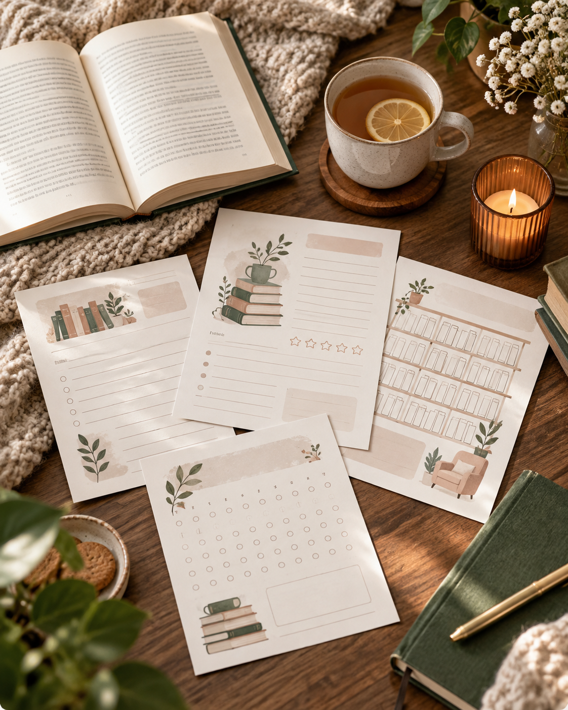 Reading journal printable open beside books and stationery