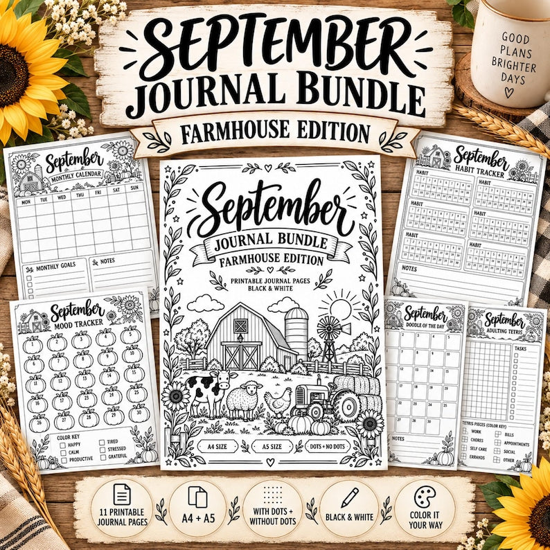 September journal printable with farmhouse planner pages