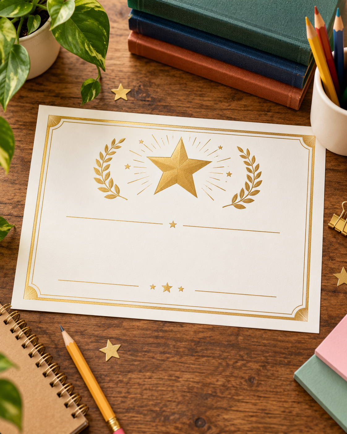 Printable student award certificates with blank name and reason lines on a classroom desk
