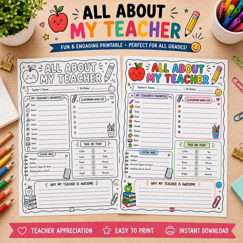 Teacher appreciation questionnaire printable, end of year gift from kids