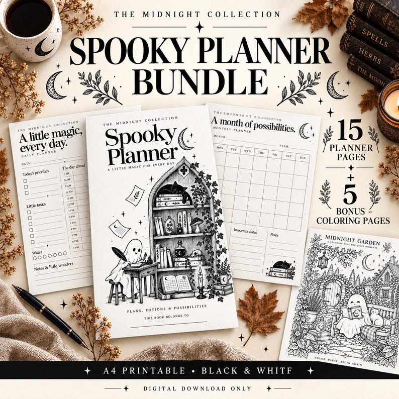 Witchy Halloween planner printable with 15 undated pages